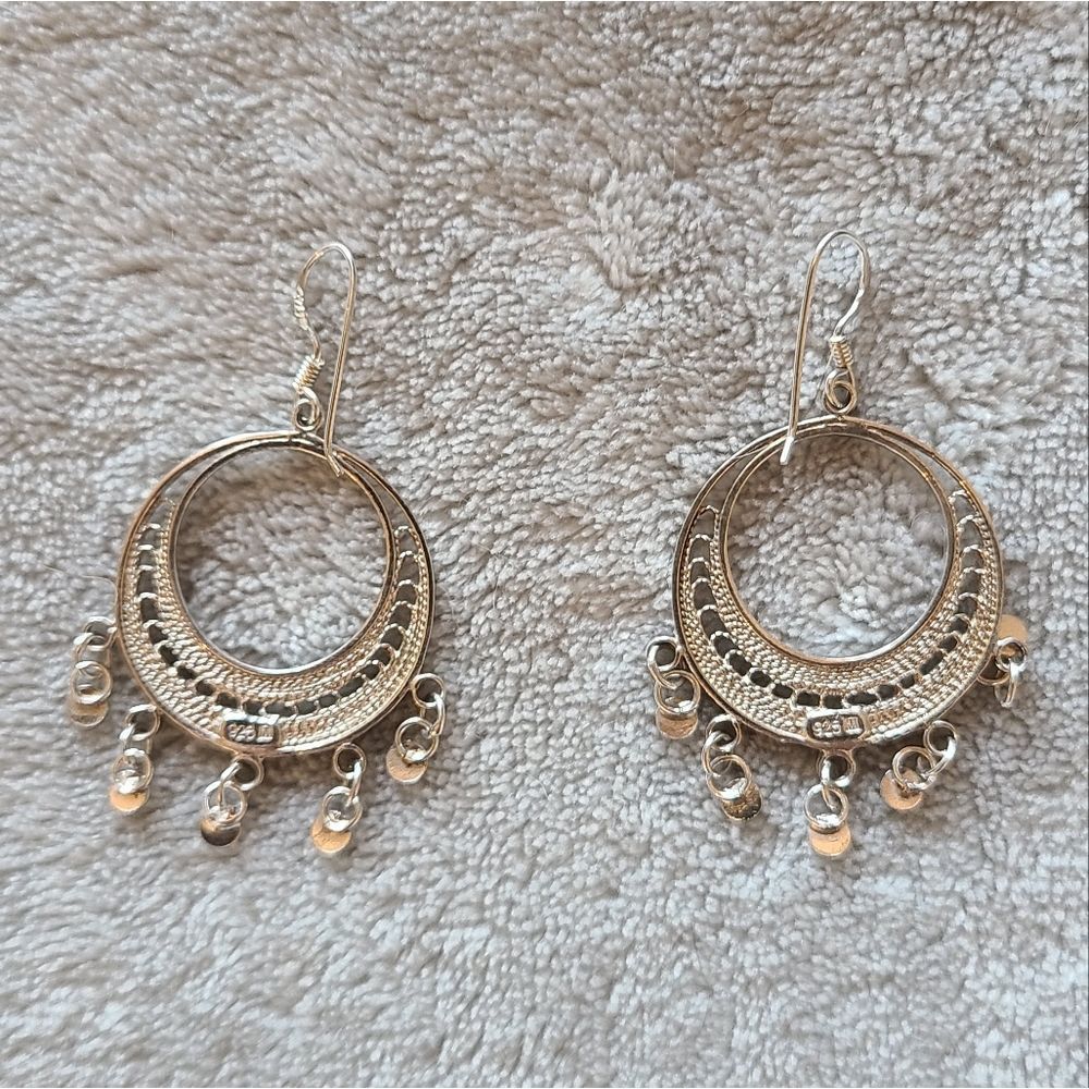 Sterling Silver 925 Dangle Hoop Earrings - Picture 2 of 5